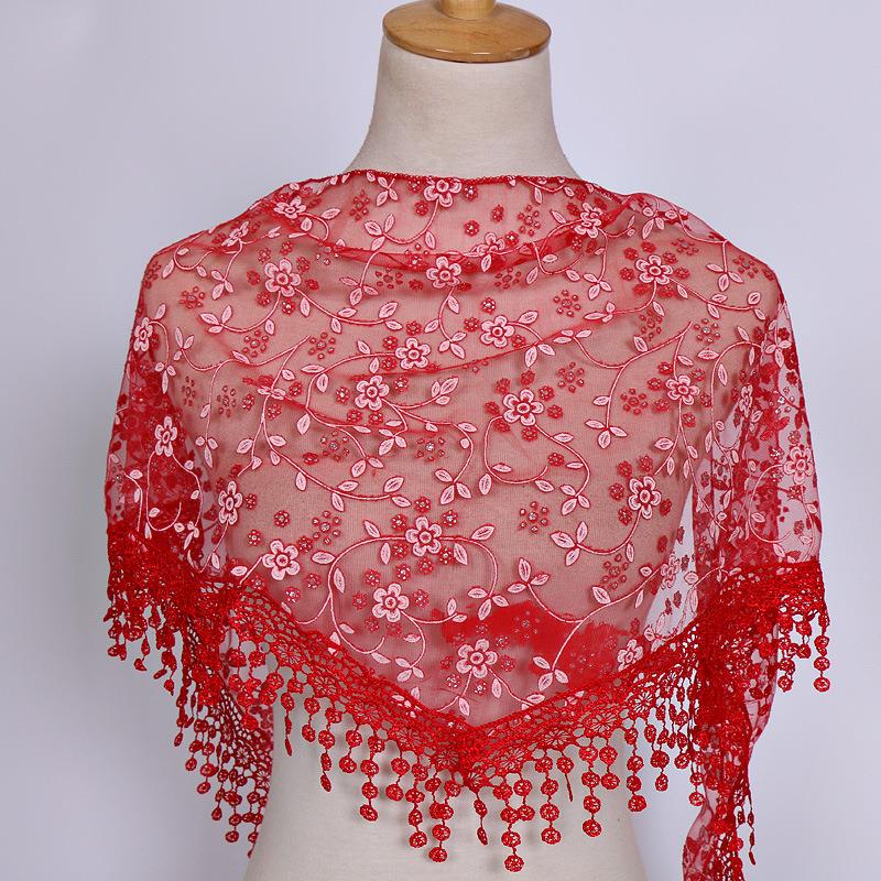 Tassel Shawls Female Scarf Solid Color Embroidered Lace Veil Floral Head Covering Veils Women Triangle Scarf 150*40cm