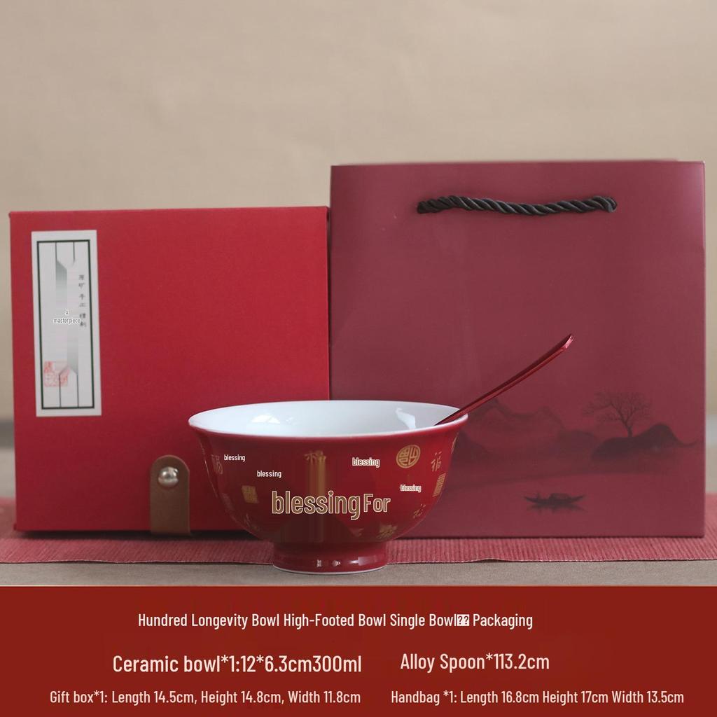 Underglaze Porcelain Longevity Bowl Set with Chopsticks & Spoon - Ideal Gift for Grandma's Birthday