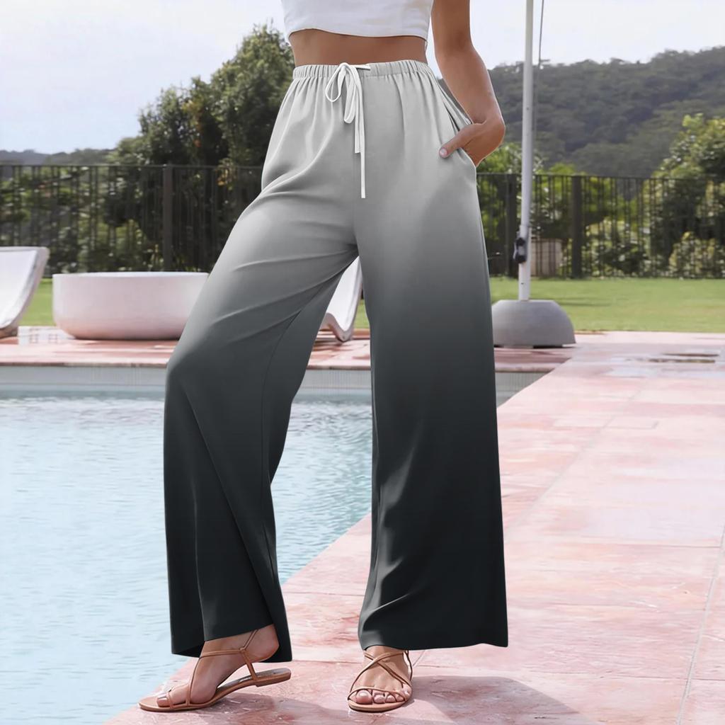 Women's Casual Gradient Print Wide Leg Drawstring Pocket Beach Casual Pants