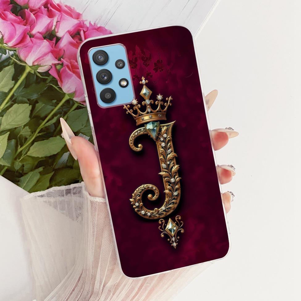 Clear For Samsung A32 5G SM-A326B Cover For Samsung Galaxy A32 5G Case Luxury Crown A-Z Letters 2D Flat Pattern Soft Phone Case