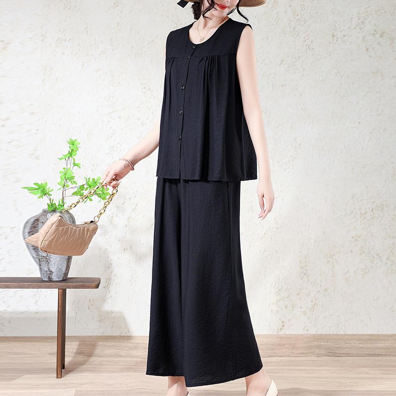 Women's Plus Size 2-Piece Set, Linen-cotton Sleeveless Button Top & Wide Leg Pants (XL-7XL)