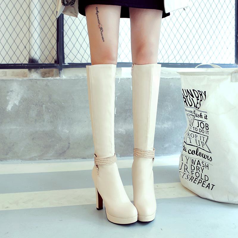 Moteriški aukštakulniai batai rudens ir žiemos nauji vandeniui atsparūs stalo storu kulnu didelio dydžio universalūs vidutinio ilgio batai