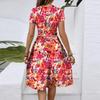Women's Spring And Summer Casual Round Neck Short Sleeve Waist Floral Print Midi Dress