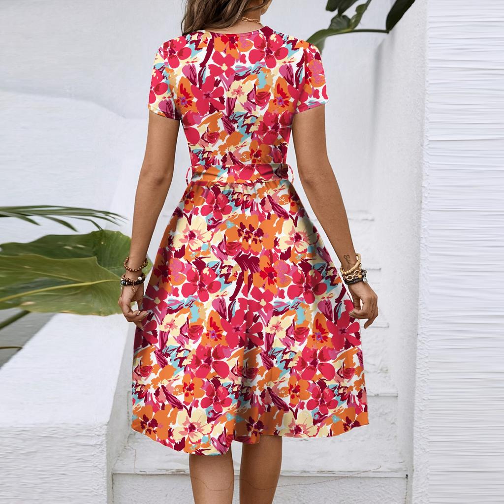 Women's Spring And Summer Casual Round Neck Short Sleeve Waist Floral Print Midi Dress