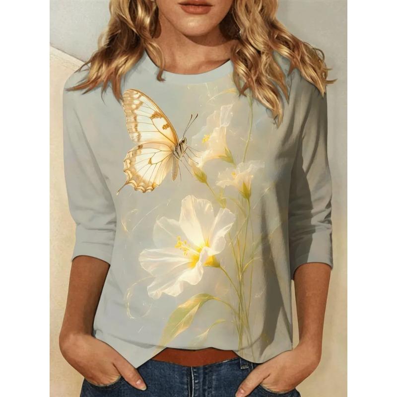 Efterår og Vinter Dame Sommerfugl 3D Printet Rund Hals Langærmet T-shirt