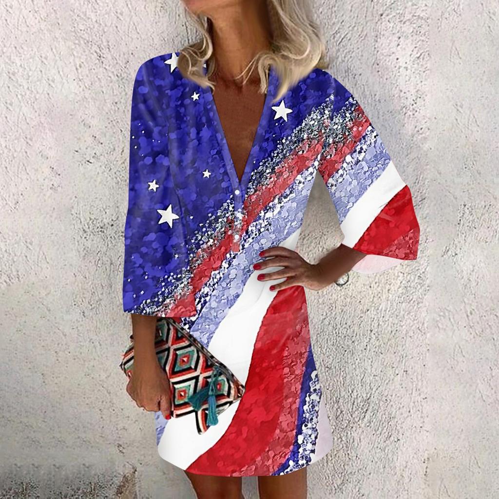 Dresses For Women Casual V Neck Casual Three Quarter Sleeve Dress Button Sundress