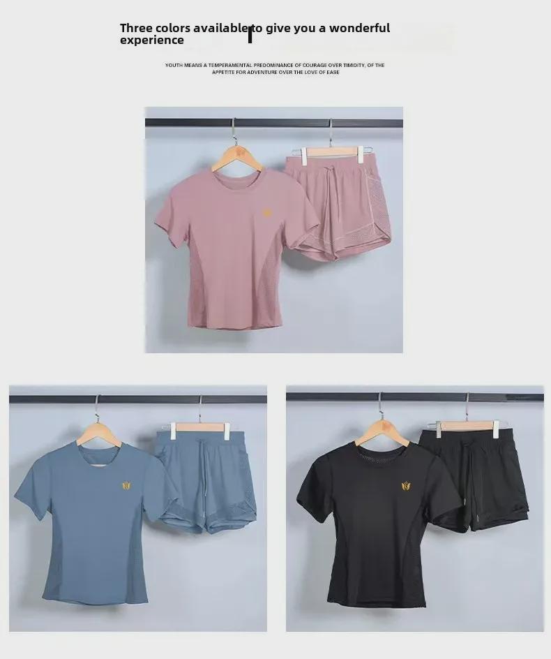 Women's Breathable Summer Yoga and Running Set: Loose Fit, Quick-Drying Shorts with Short Sleeves.