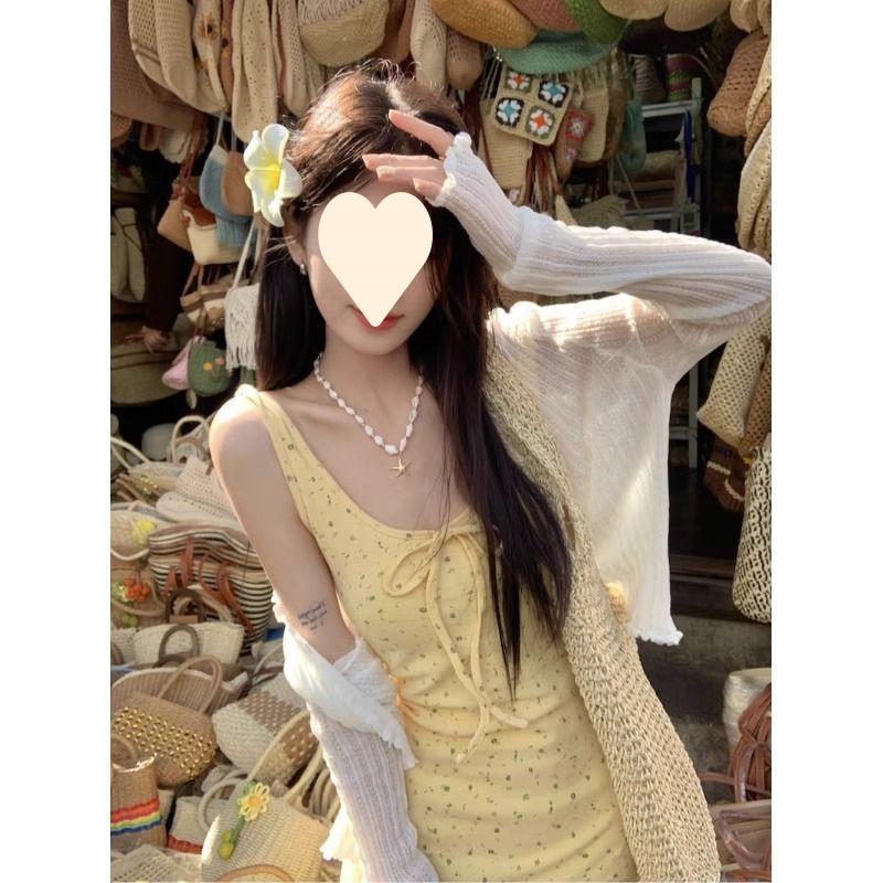Yellow floral suspender dress women's summer sleeveless vest skirt sweet wind waist long skirt a word skirt