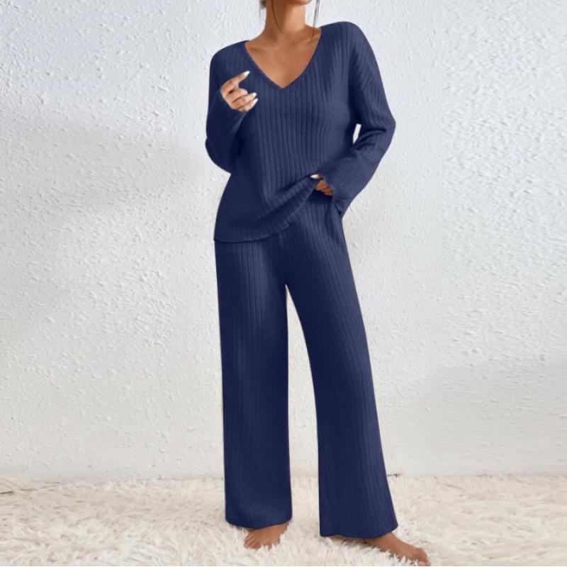 Womens Long Sleeve V-Neck Solid Color Knit Top Casual Pants 2-Piece Set Fall 2026