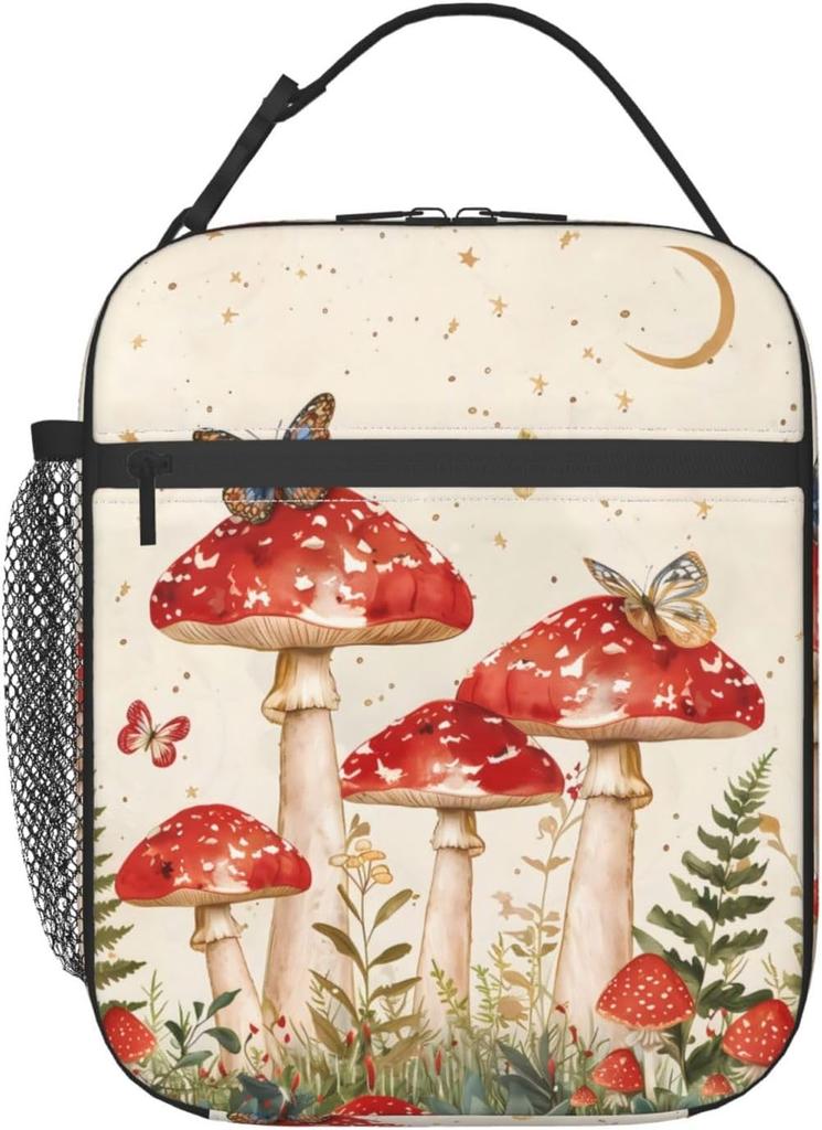 Mushroom Cute Reusable Thermal Lunch Bag for Adult Women,Butterfly Insulated Tote Cooler Bags for School, Work, Picnic