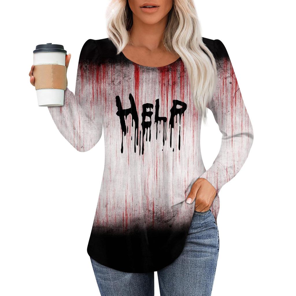 Women's Casual Top Halloween Printed Round Neck Long Sleeved Pleated T-shirt