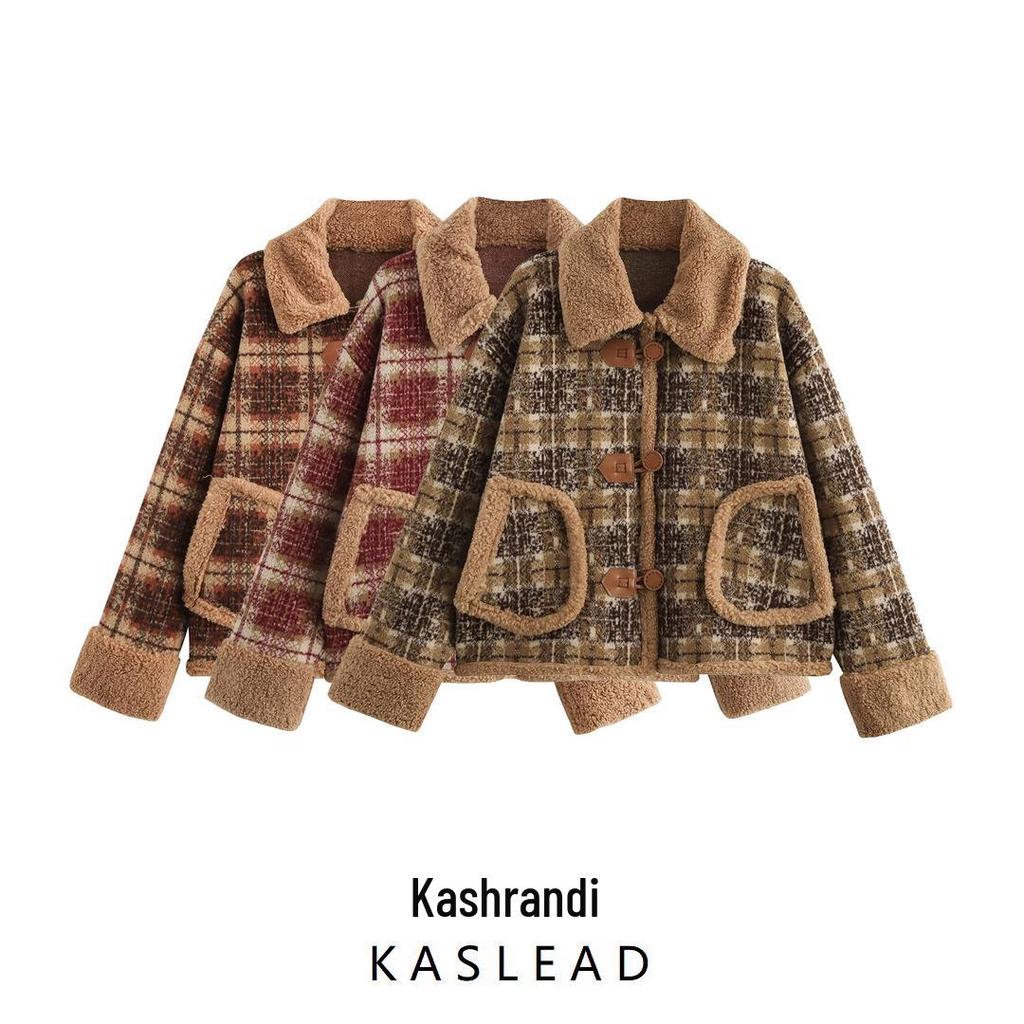 2024 Autumn Women's European & American Plaid Knit Cardigan with Lambswool Collar & Cuffs