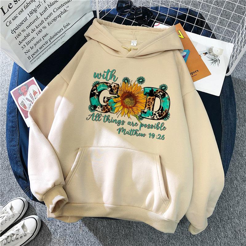 With God All Things Are Possible Matthew Print Hoodies Women's Funny Graphic Hoody Casual Graphic Pullovers Sweatshirts