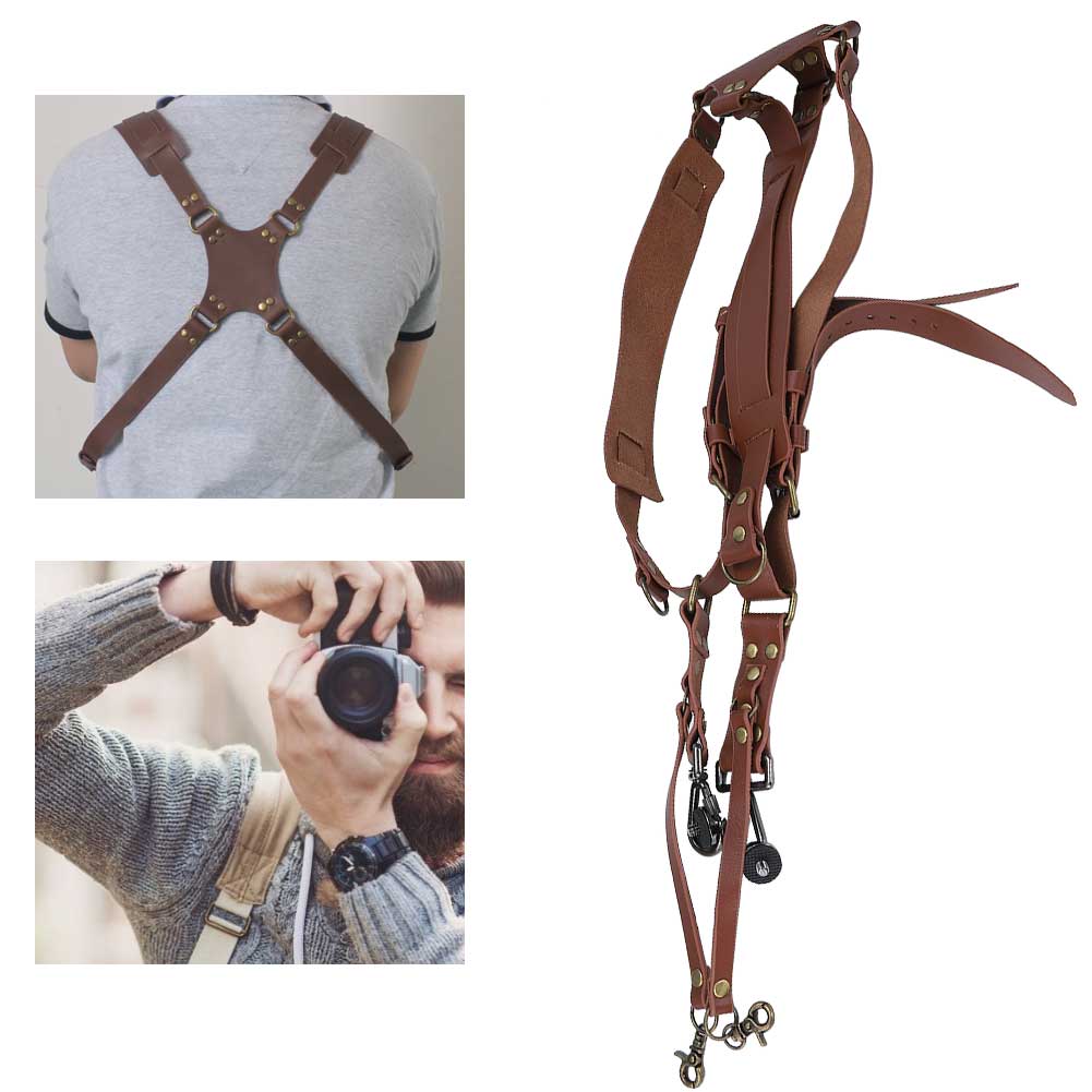 Camera Strap Leather Double Shoulder Harness Strap Photography Accessories for DSLR CamerasBrown