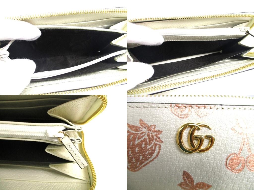 Authentic GUCCI Marmont GG Cherry Strawberry White Leather Round Zip Wallet #a441  Refurbished