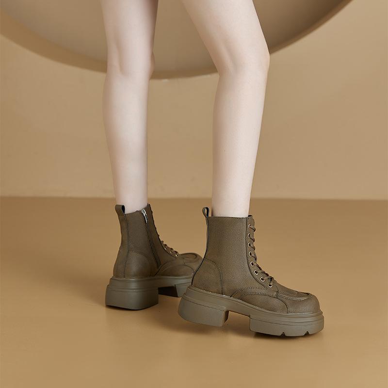 

2025 autumn and winter new leather Martin boots women s Korean version thick-soled side zipper velvet women s cotton boots lace-up tooling shoes 32