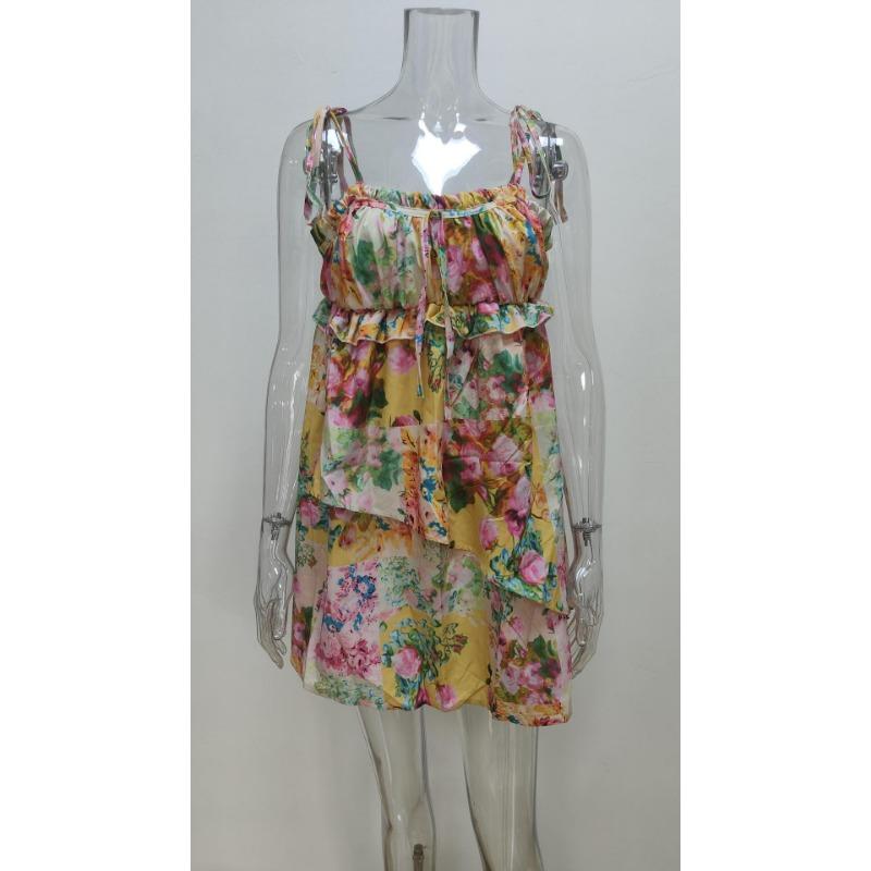 

Летнее короткое платье на шнуровке с цветочным принтом для женщин, модное свободное сексуальное платье на бретельках больших размеров, женские свободные повседневные платья трапециевидной формы Vinatge 910 3XL бежевый