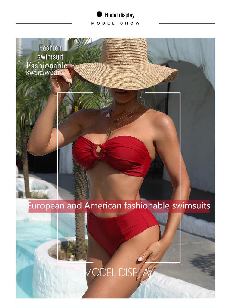 New Solid Color Bandeau Drawstring Bikini - Women's Tight-Fitting Split Swimsuit