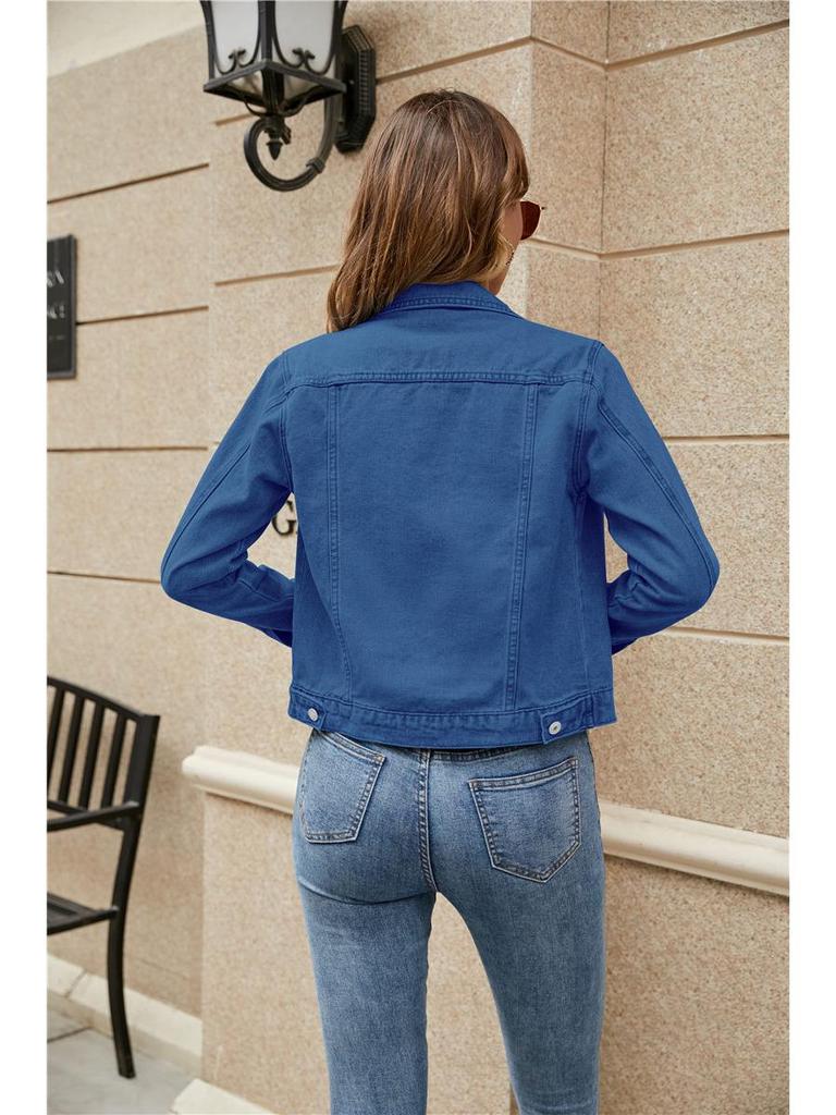 2025 Europäische & Amerikanische Grenzüberschreitende Mode Schlank geschnittene Damen Jeans Bomberjacke mit Umlegekragen & Taschen, Vielseitige einfarbige Oberbekleidung