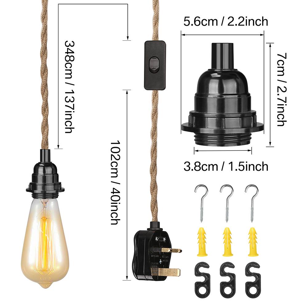 4.5/3.5M Pendant Lights Ceiling Lighting Fitting E27 Lamp Bases Suspended Kit with Plug In Cord Hemp Rope Rustic Hanging Lamps