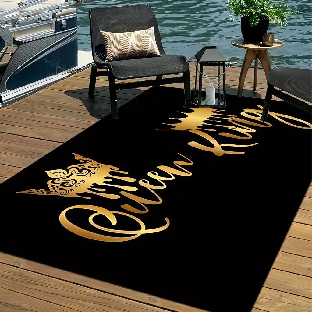 Queen & King Crown Floor Mat, Black with Gold Cursive Text, Soft Touch & Non-Slip, Perfect for Kitchen, Living Room & Home Decor