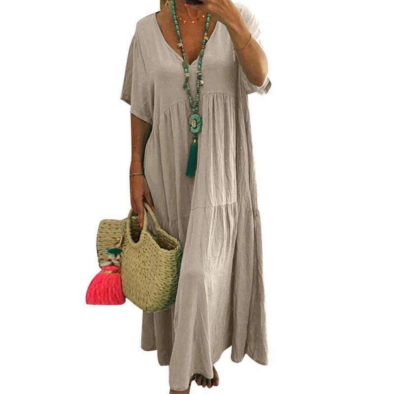 

Irregular Large-Swing Dress Irregular V-neck Multi-Color Multi-Code Long Large Hem Dress Female Khaki XL