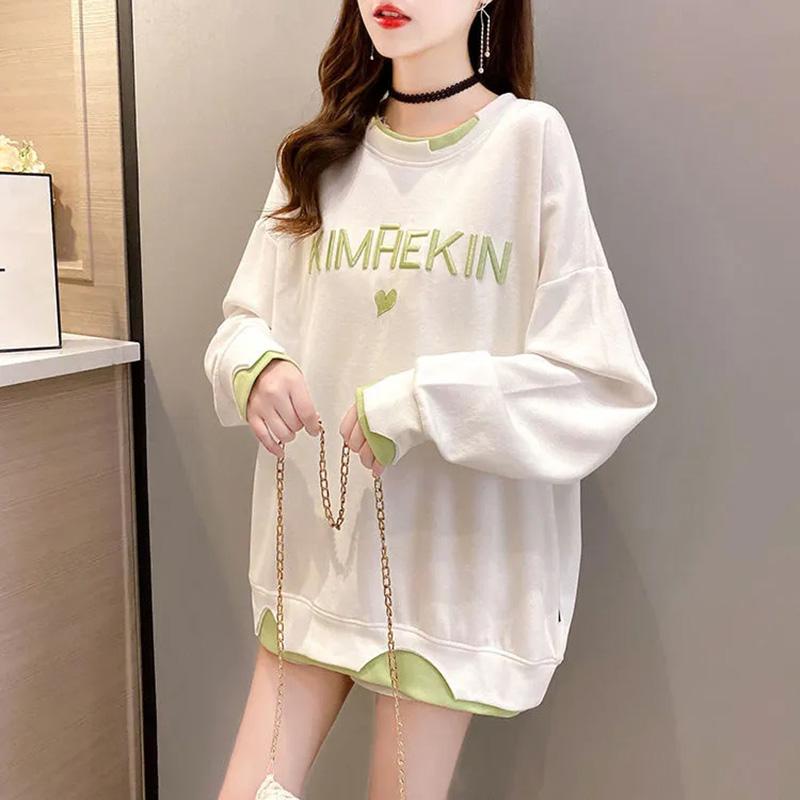 Cotton Sweatshirt Women Autumn Spring Large Size Loose Mid-Length Round Neck Sweatshirt Casual Versatile Long Sleeve Tops