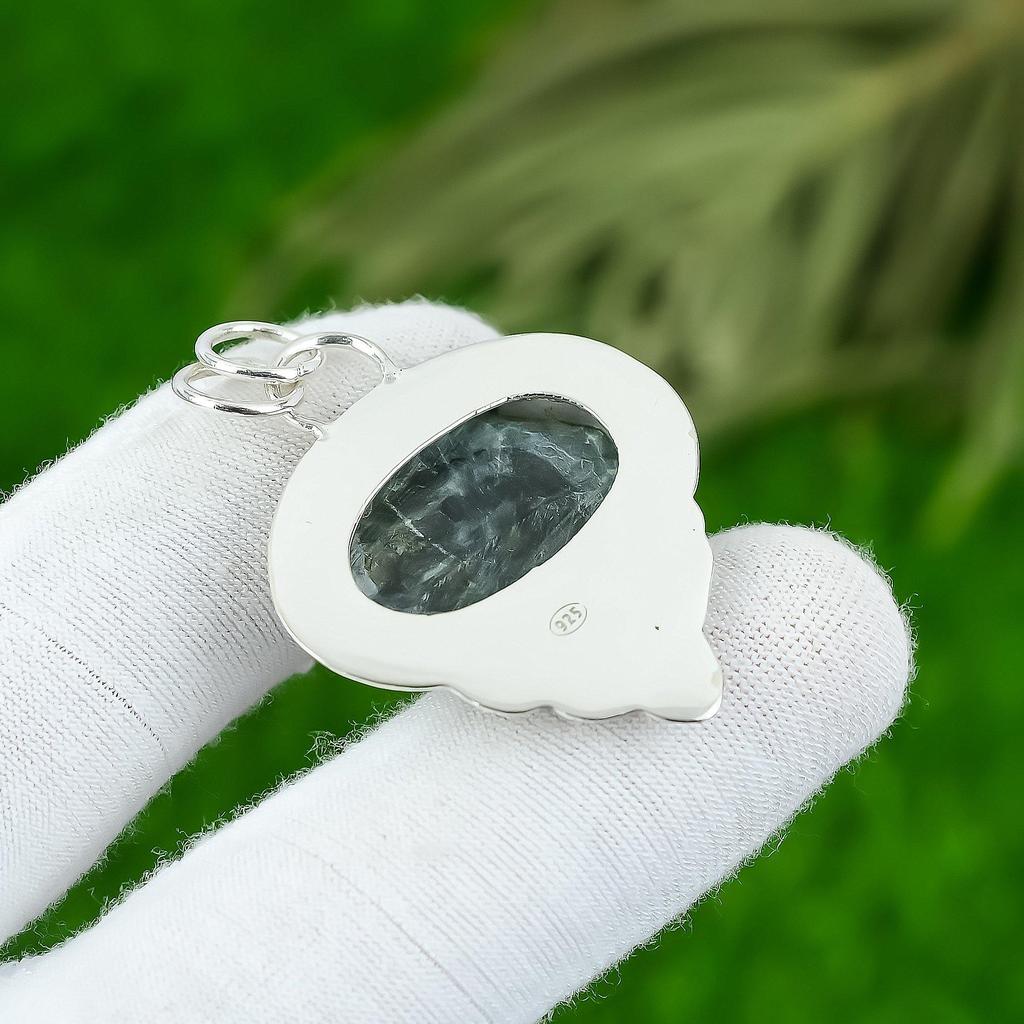 Natural Seraphinite Gemstone Pendant Handmade 925 Sterling Silver Indian Jewelry