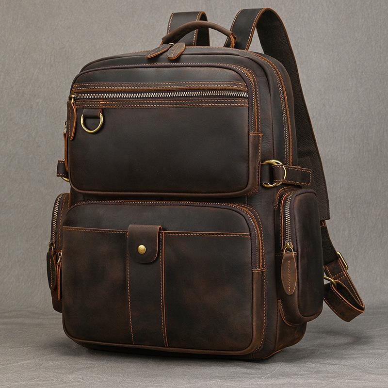 Crazy Horse Leather Men'S Backpack 15 Inch First Layer Cowhide Backpack Retro Leather Travel Bag Commuter Computer Bag