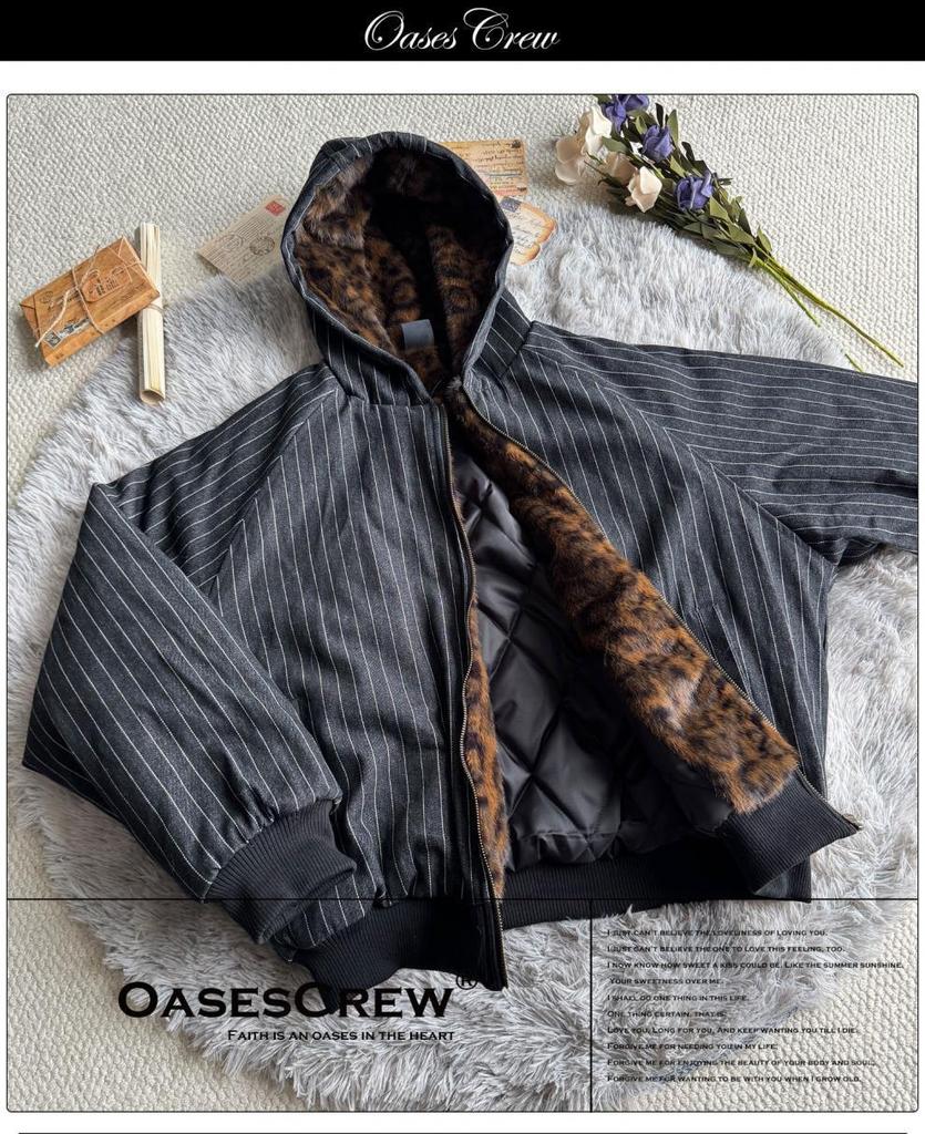 Unisex Hooded Winter Jacket with Vertical Stripes, Leopard Print Lining, and Color Block Patchwork.