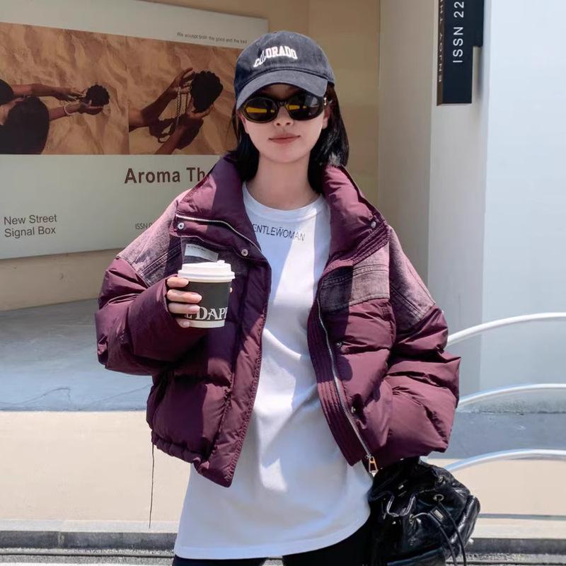 White duck down European station stand-up collar splicing denim down jacket women's winter new thickened warm jacket tide