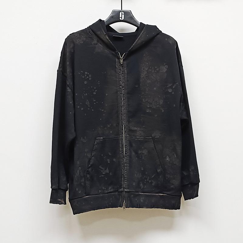 23SS Schwarz Schlammgefärbt Used Reißverschluss Kapuzenpullover Jacke