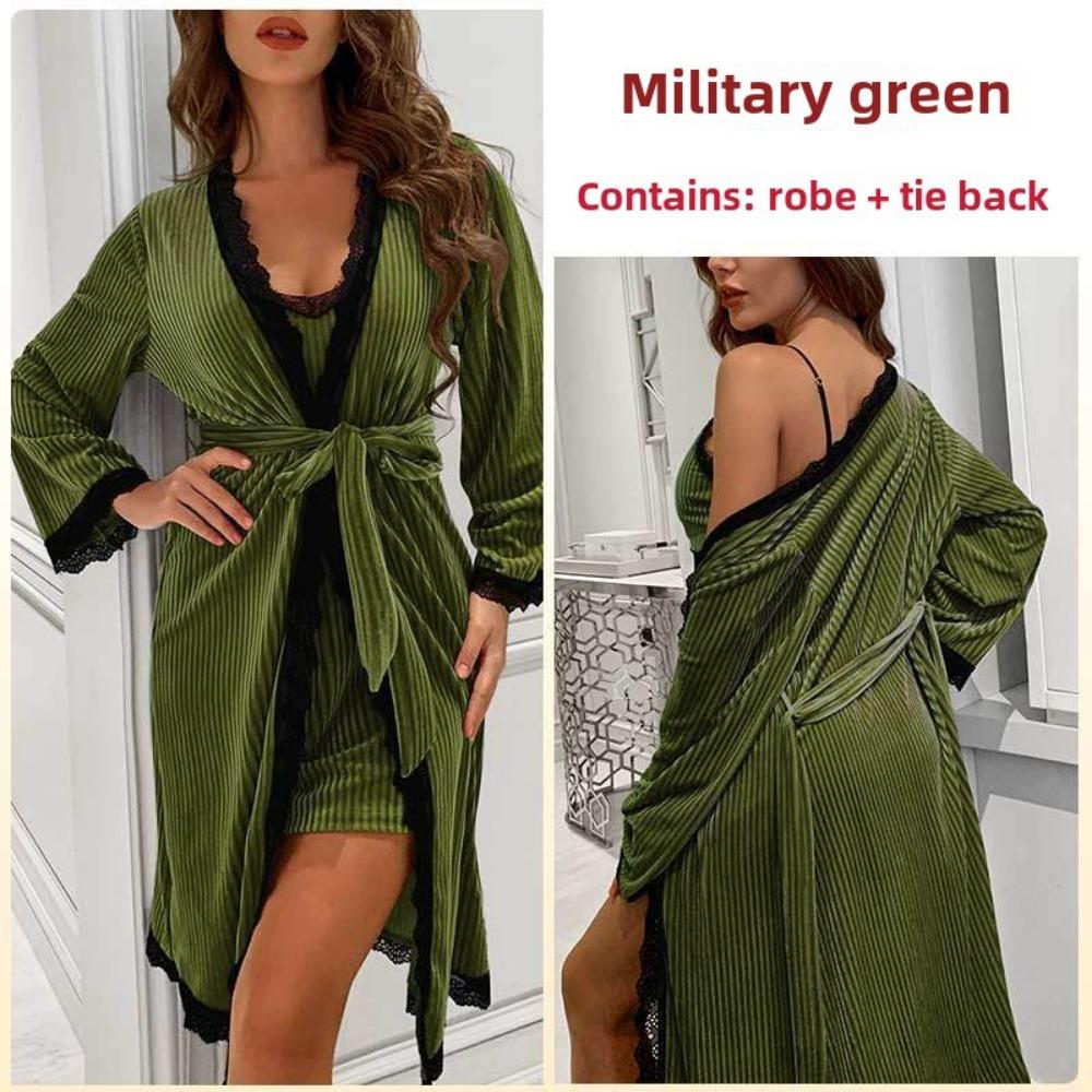 

Sexy Cardigan Nightgown Golden Velvet Splicing Women s Robe Loungewear L