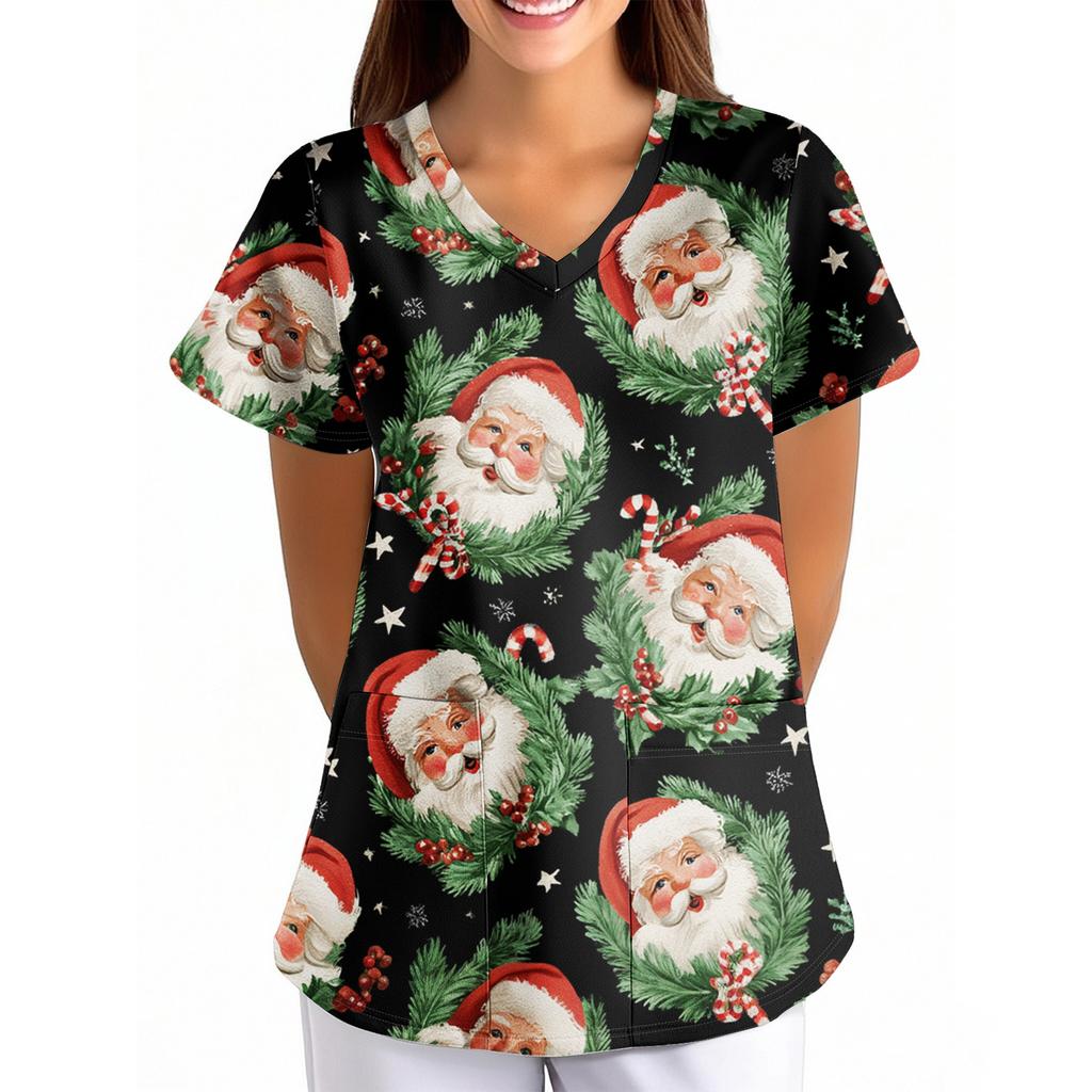 Plus SizePrinted Scrub Working Uniform Tops For Women's Cross V-Neck Print Short Sleeve Fun T-Shirts Workwear Tee With Pockets