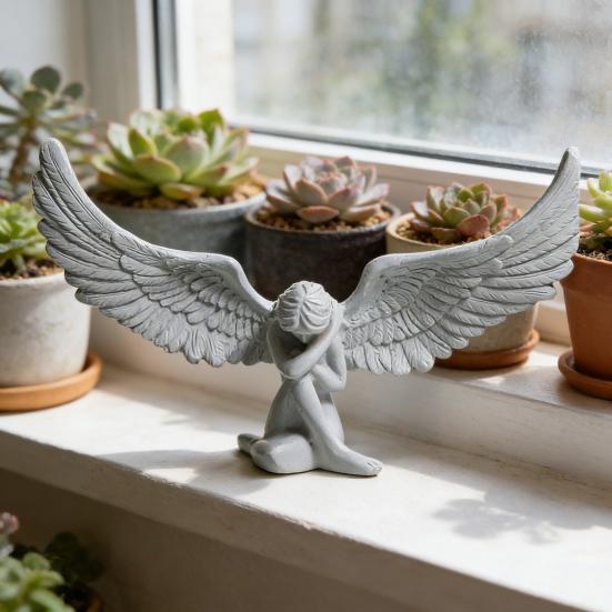 Carving Sitting Angel Figurine European Winged Girl Statue Resin Sculpture Home Office Bookshelf