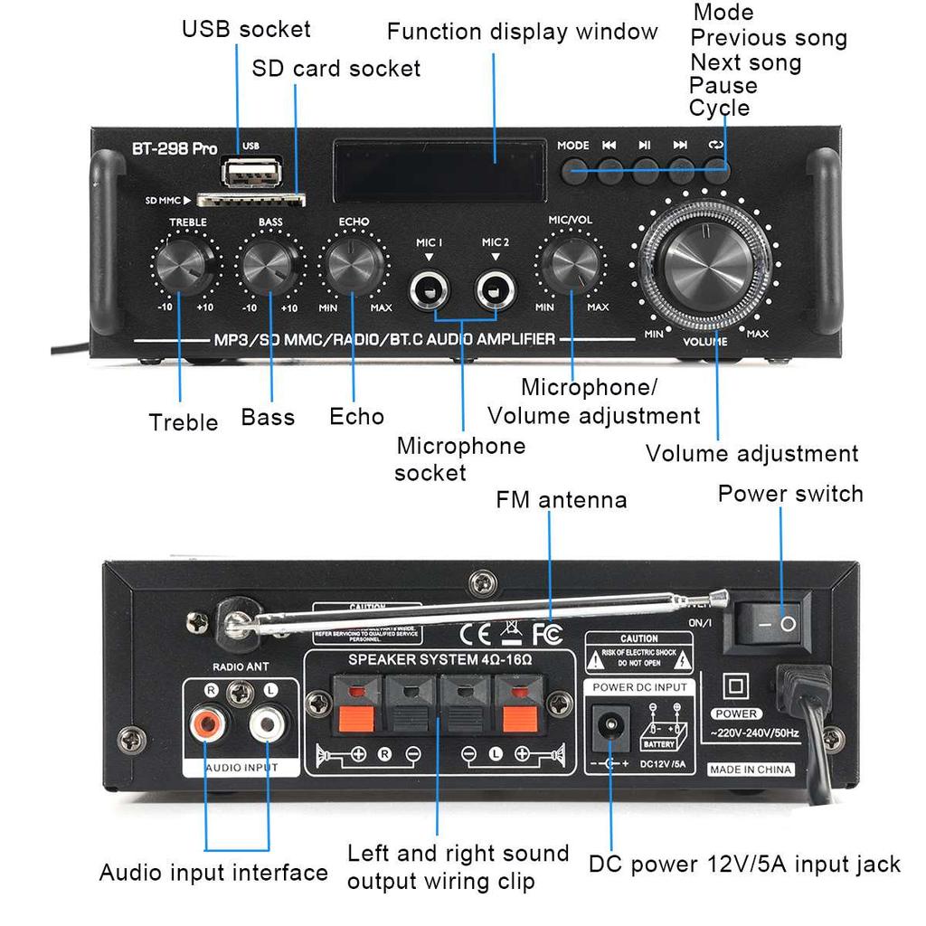 HIFI Power Amplifier 2.0 Channel Digital Bluetooth Audio Amplifie 12V 240V Support Bluetooth USB SD Radio With Remote Control EU