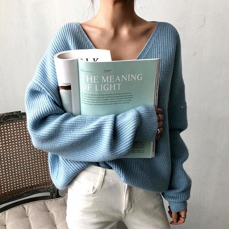 Pulover cu decolteu în V, simplu, cu tiv neregulat Pulover Top tricotat Femei