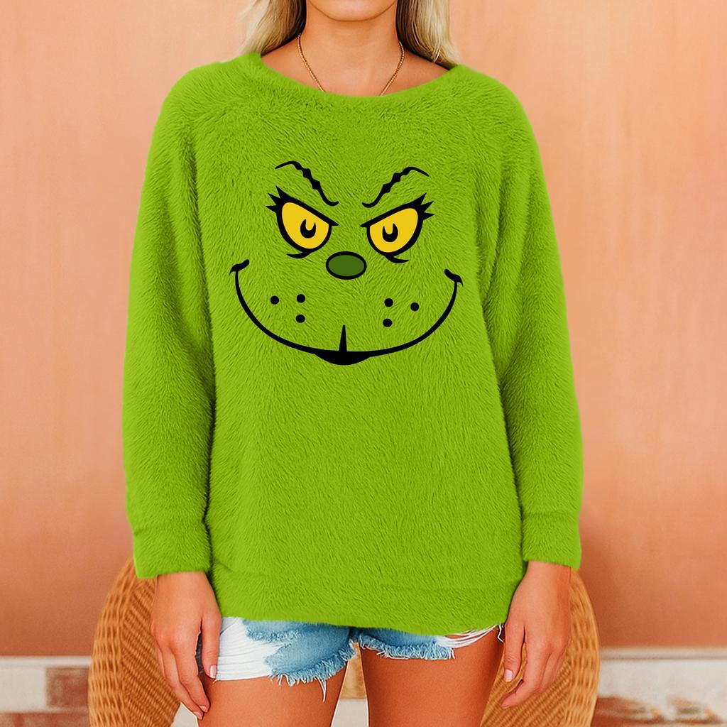 Women's Fashionable Round Neck Long Sleeved Christmas Printed Loose Plush Warm Pullover Top