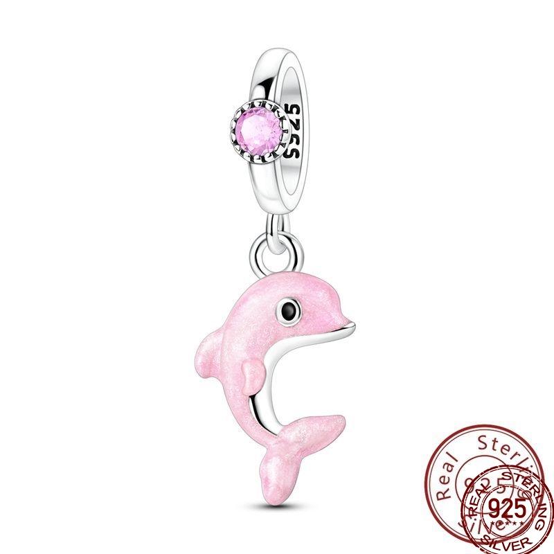 100% Copper Pink Gem Dolphin Charms Beads Horseshoe Cat Ballet Pendant Fit Original Bracelet Diy For Women Jewelry