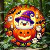 Halloween Ghosts Witch Hat Metal Wall Art Round Aluminum Foil Engraving Sign Seasonal Festive Decor for Home Kitchen