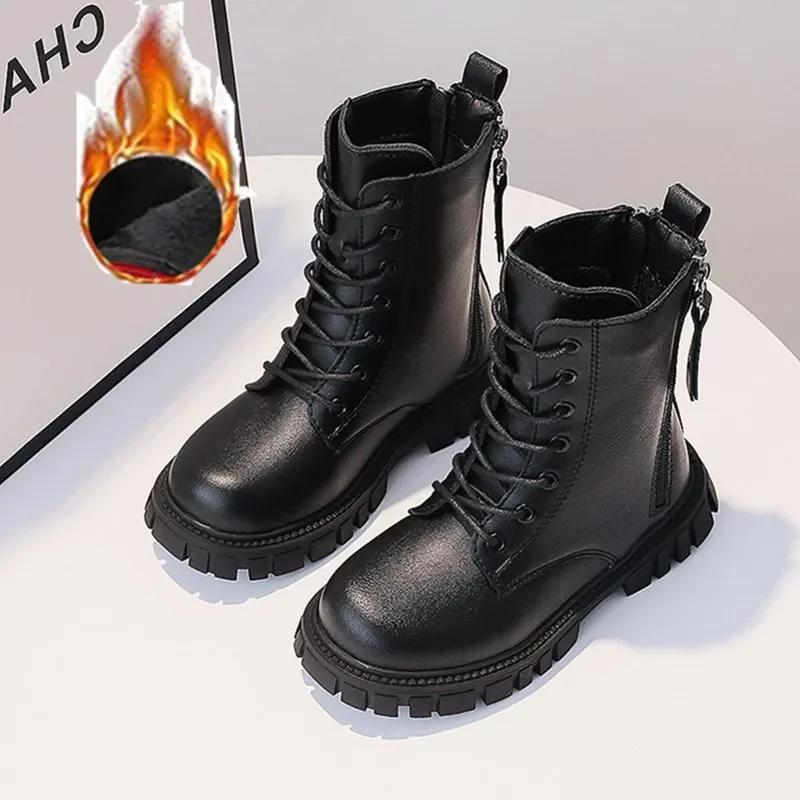 Boys Girls Ankle Boots Thick Soft Sole New Kids Motorcycle Boots with Double Zipper Children Warm Boots Round Toe Fashion 27