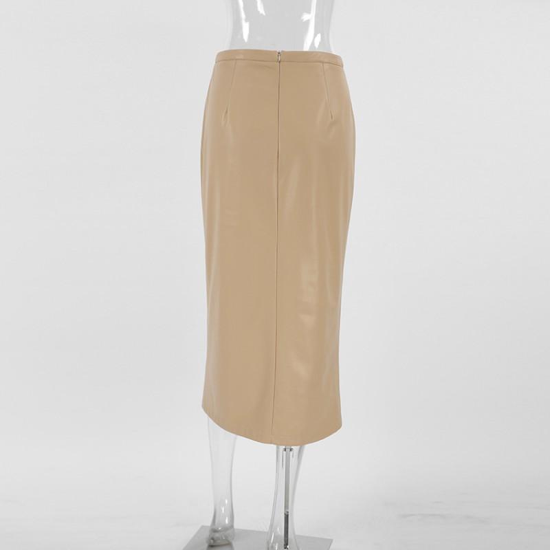 Vintage Khaki PU Midi Skirt High Waisted Split Straight Leg Workwear Women