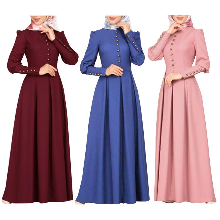 Middle Eastern Style Buttoned European and American Dress Slim Fit Large Hem Long Sleeve Decorative Button Retro Ethnic Style Gown Palace Style