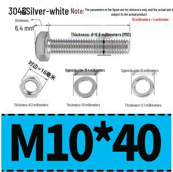 304 Stainless Steel Hex Head Bolt and Nut Set M6-M14, Lengths 8-100mm