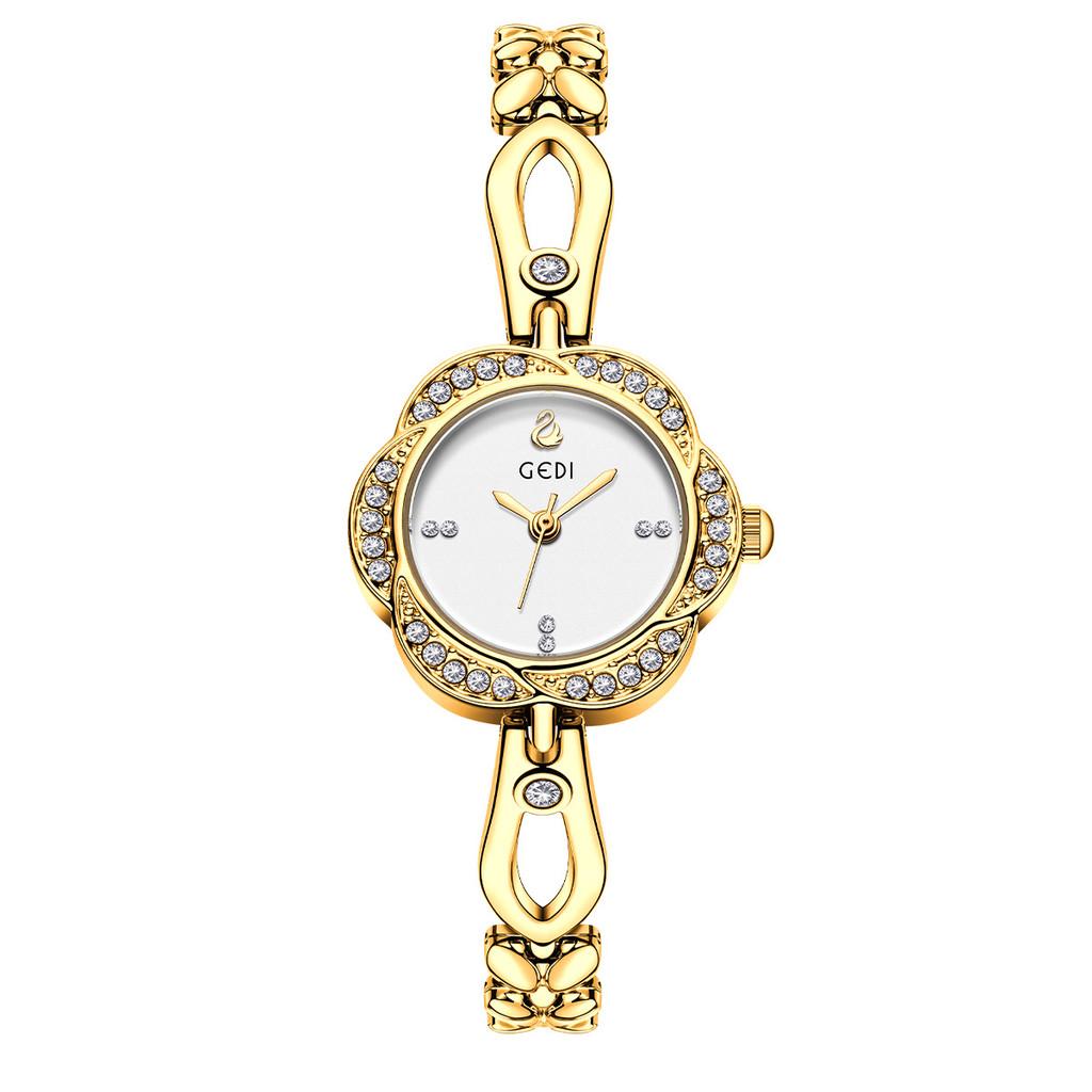 

Ladies Watch With Diamond Decoration And Flower Shaped Dial Design For Women Gold White