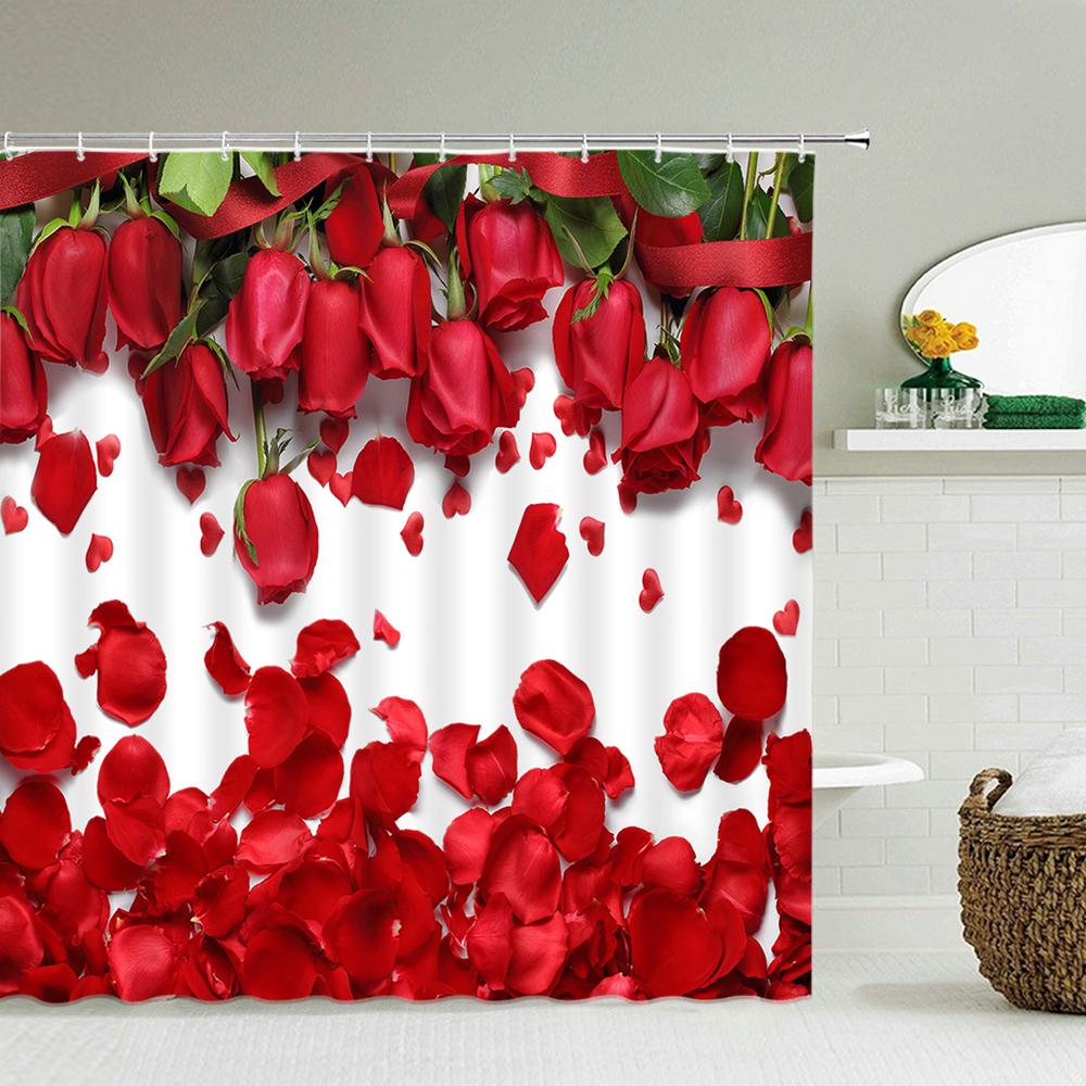 Sevgililer Günü Kutlu Olsun Duş Perdesi Banyo Perdesi Gül Aşk Öpücük Kırmızı Dudaklar Romantik Dekor Duş Banyo Su Geçirmez Kumaş