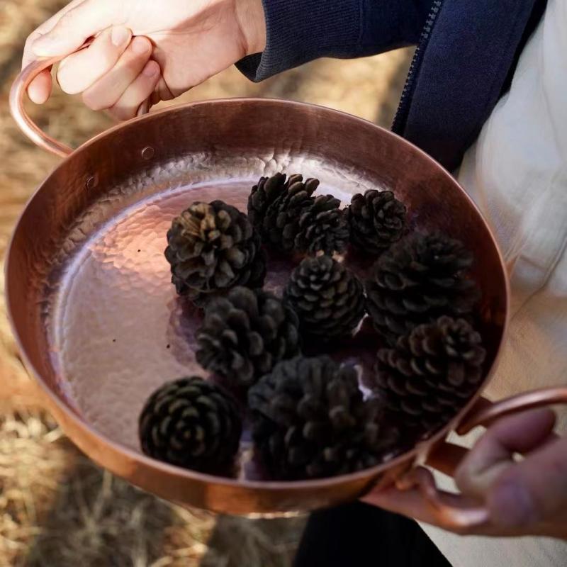 Handcrafted Vintage Copper Pot,Camping Frying Pan Cooking Utensil Simmering and Pasta Stewing,Hammer Texture 25 cm Handheld Pot