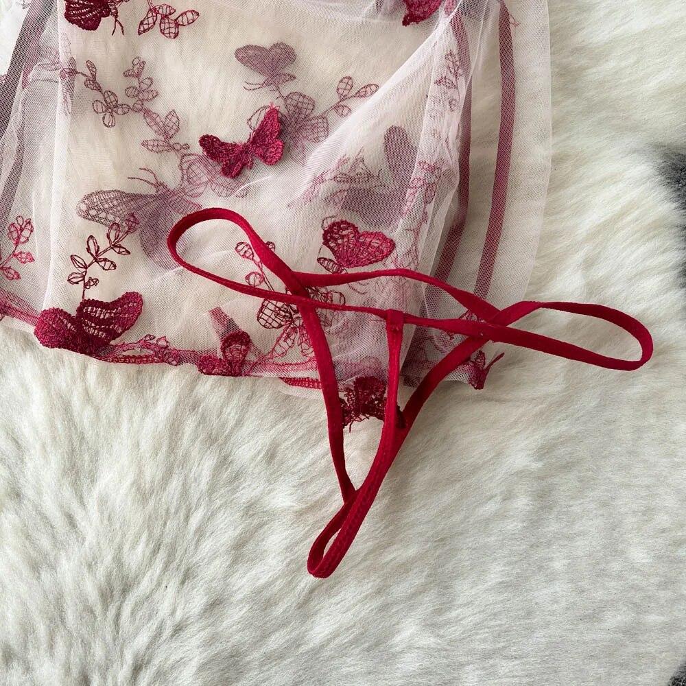 Singerie Mesh Sheer Sexy Nachtkleid Frauen Hollow Out Split Retro Unterwäsche Stickerei Cheongsam Weiblich Schmetterling Muster Erotische Mode Pyjamas 2024