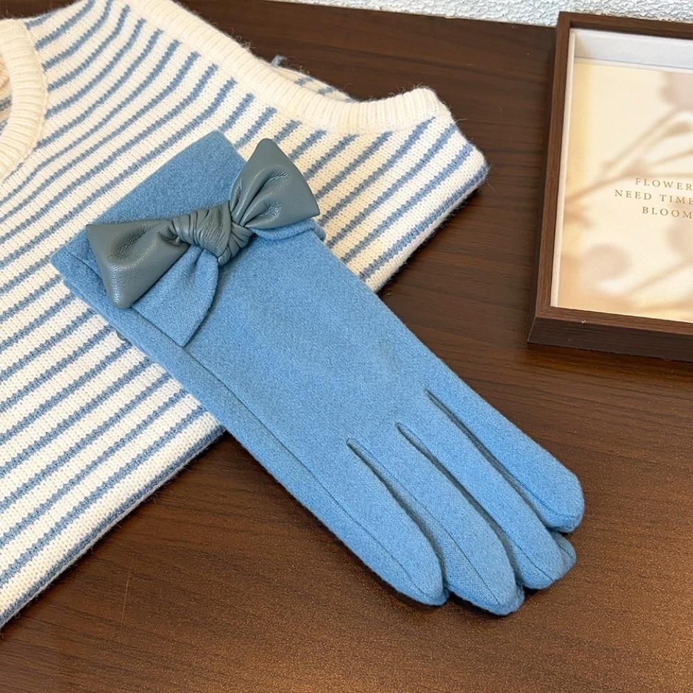 Bow Decor Winter Warm Gloves Polyester Fleece Lined Cycling Gloves Cold Weather