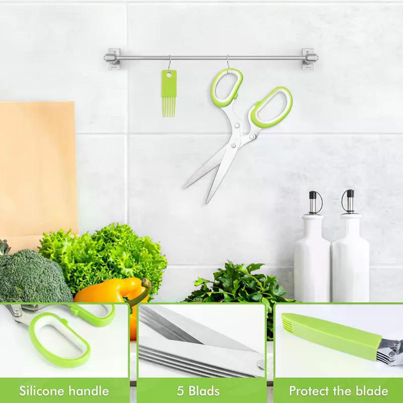 Herb Scissors Stainless Steel 5 Blade Kitchen Shears Household Vegetable Cutter with Cover Multifunctional Kitchen Gadgets